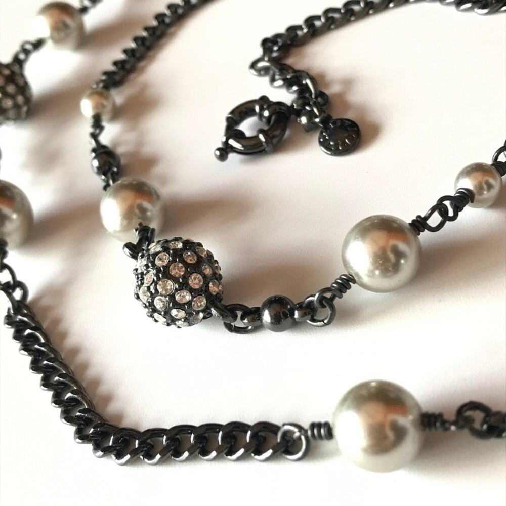 J. Crew black metal rhinestone faux pearl station necklace 32"